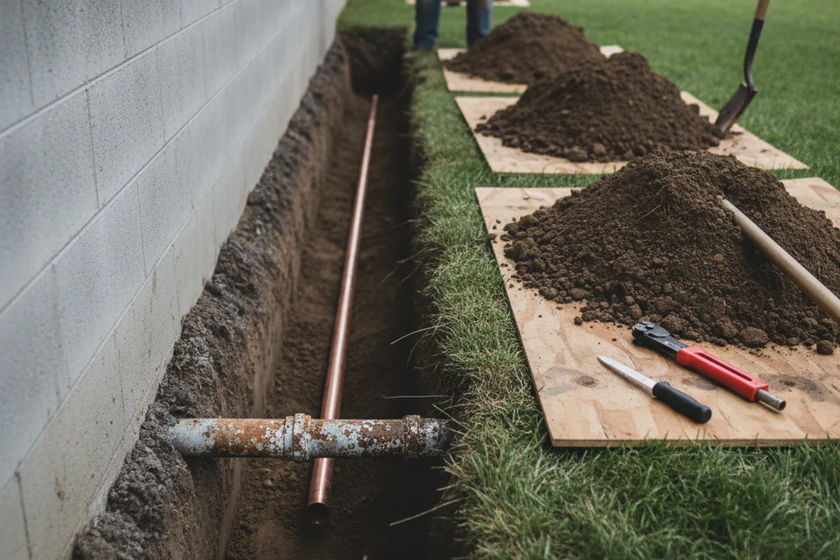 Excavated water line trench during Water Softener Installation in Guinda